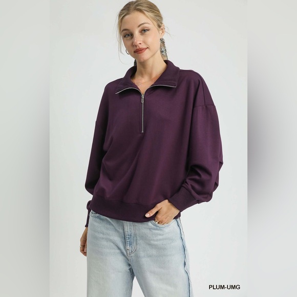 Umgee Tops - Umgee Half Zip Drop Shoulder Sweatshirt